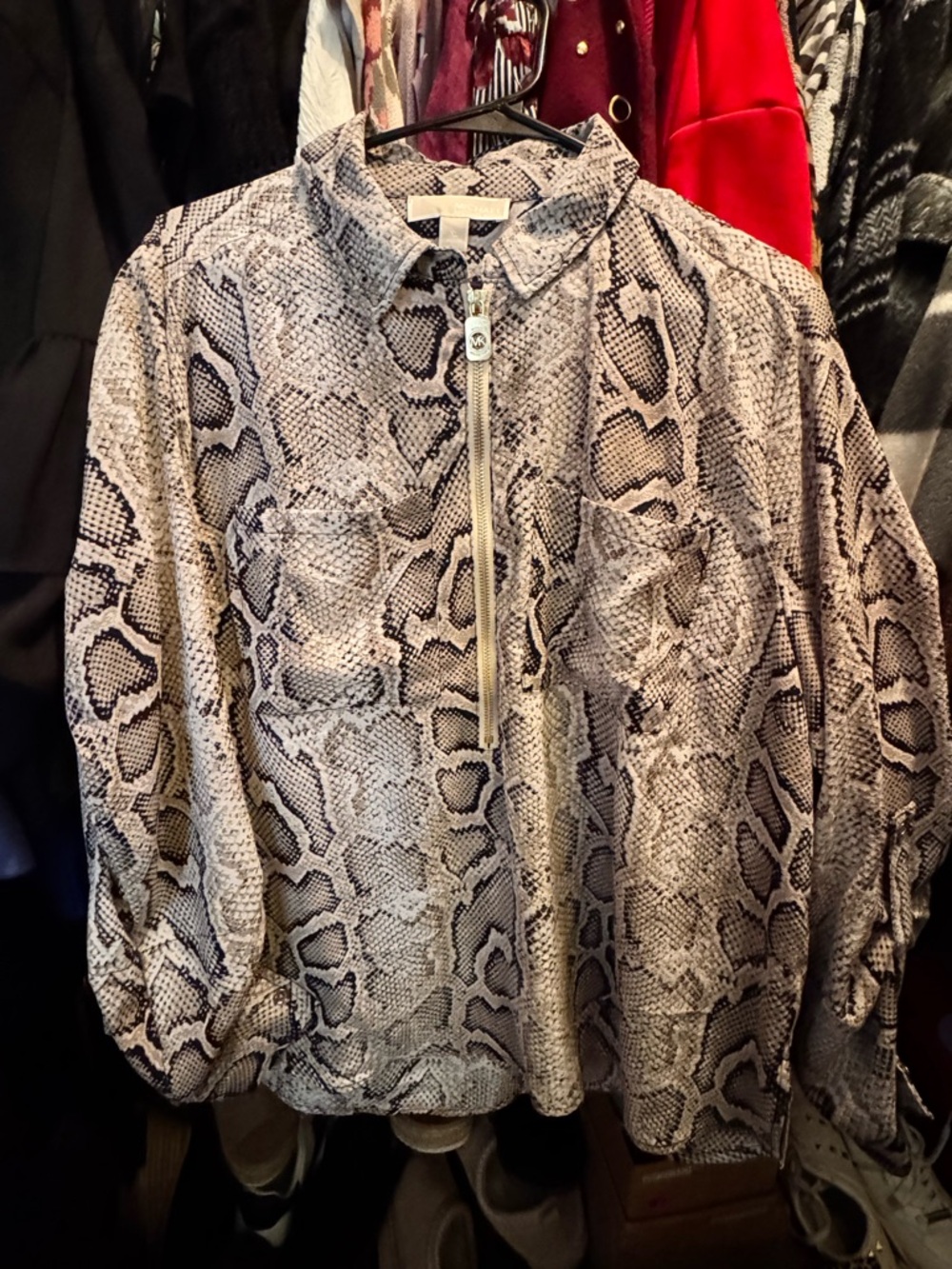 XL Michael Kors Beige and Black Snake-Print Zip Front Blouse